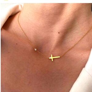 Gold Cross Necklace with Crystal Accent Titanium Steel